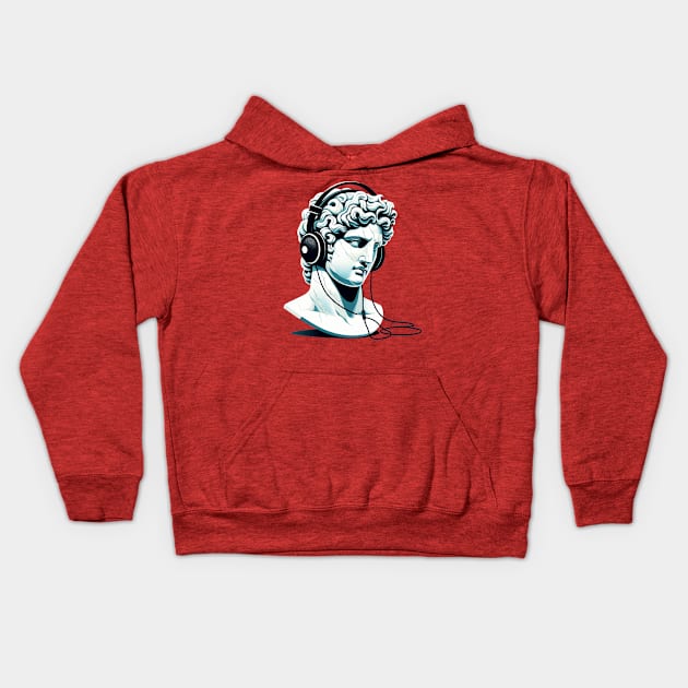 Greek/Roman Marble Statue Bust Wearing Headphones Kids Hoodie by BLKPHNX DESIGNS